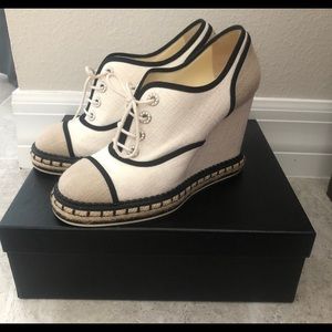 AUTHENTIC Chanel wedges in white and beige with pearl details.
